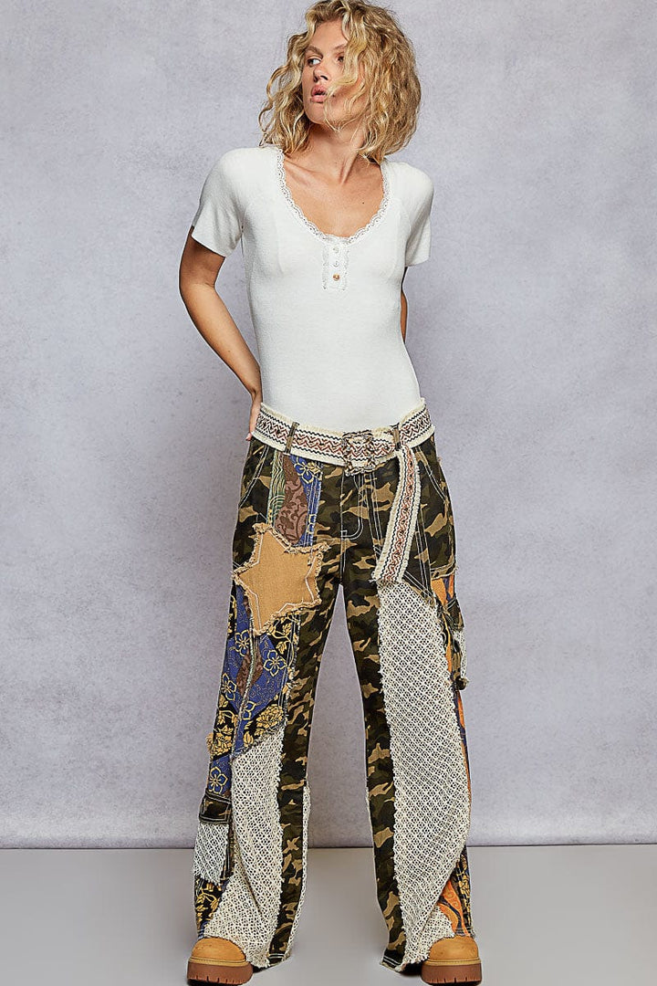 POL Clothing Fringe Edge Studded Wide Woven Belt with Embellished Buckle