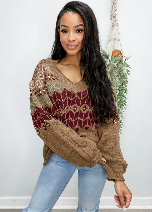 POL Clothing Long Sleeve, Relaxed Fit, Tribal Geometric Pattern Sweater
