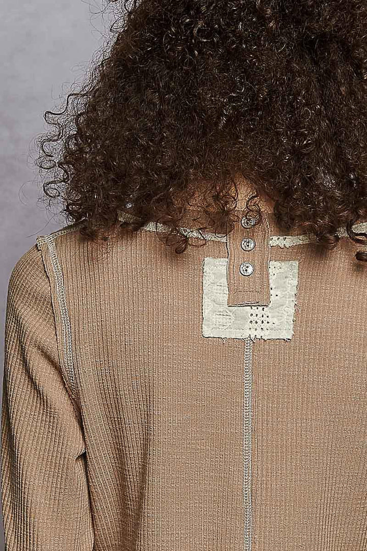 POL Clothing Long Sleeve Ribbed Top with Eyelet Accent Patches