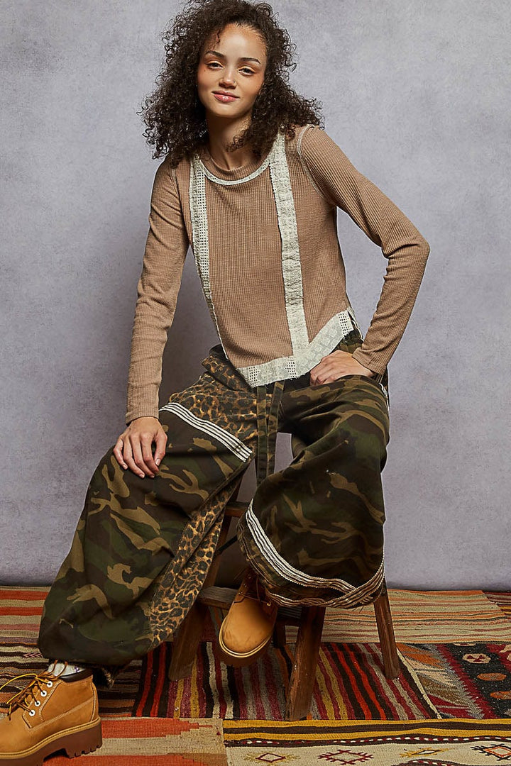 POL Clothing Long Sleeve Ribbed Top with Eyelet Accent Patches