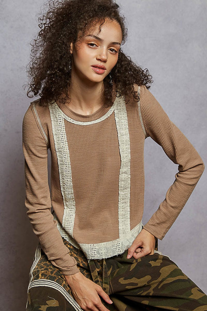 POL Clothing Long Sleeve Ribbed Top with Eyelet Accent Patches