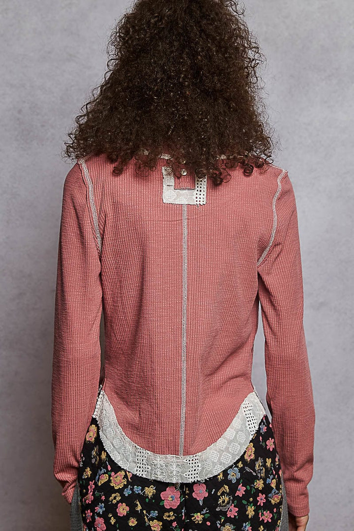 POL Clothing Long Sleeve Ribbed Top with Eyelet Accent Patches