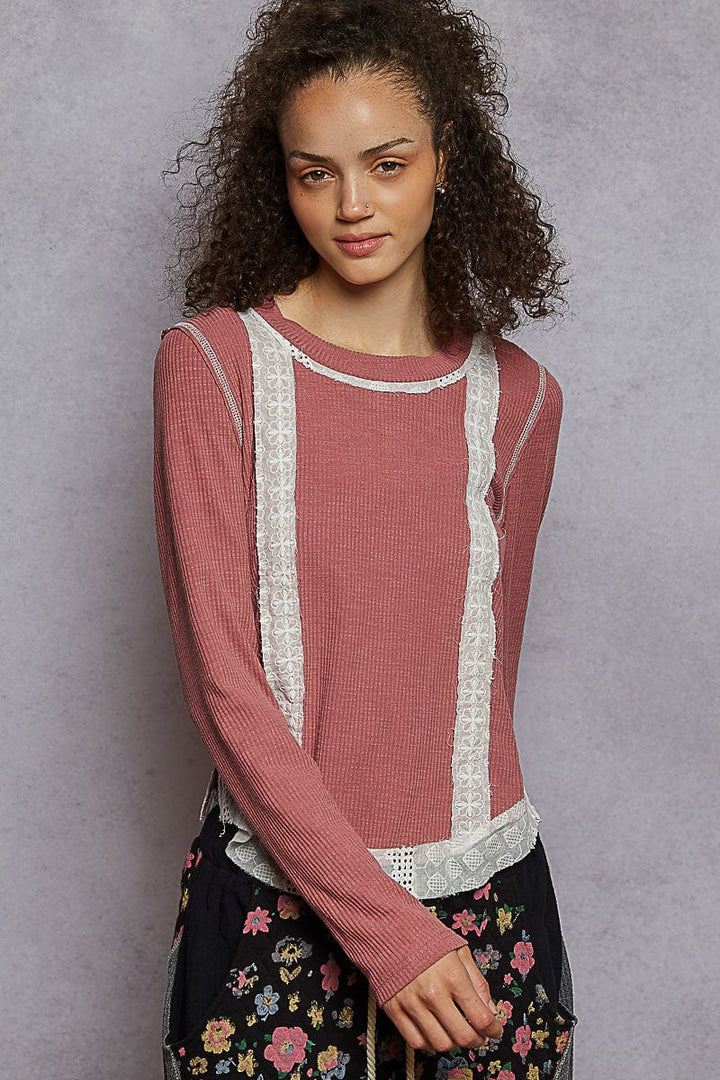POL Clothing Long Sleeve Ribbed Top with Eyelet Accent Patches