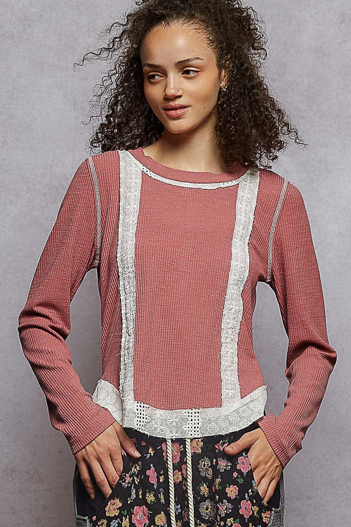 POL Clothing Long Sleeve Ribbed Top with Eyelet Accent Patches