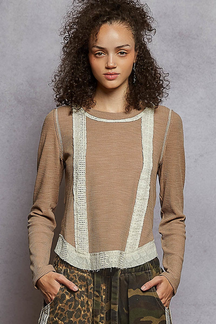 POL Clothing Long Sleeve Ribbed Top with Eyelet Accent Patches