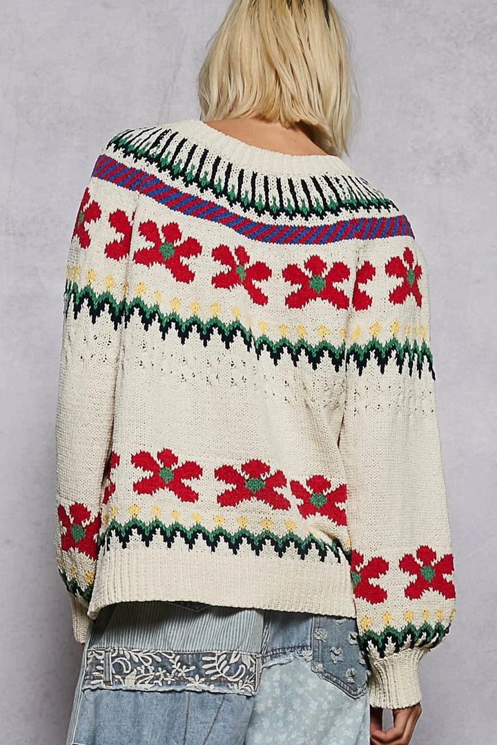 POL Clothing Multicolor Chenille Knit Floral Accent Sweater