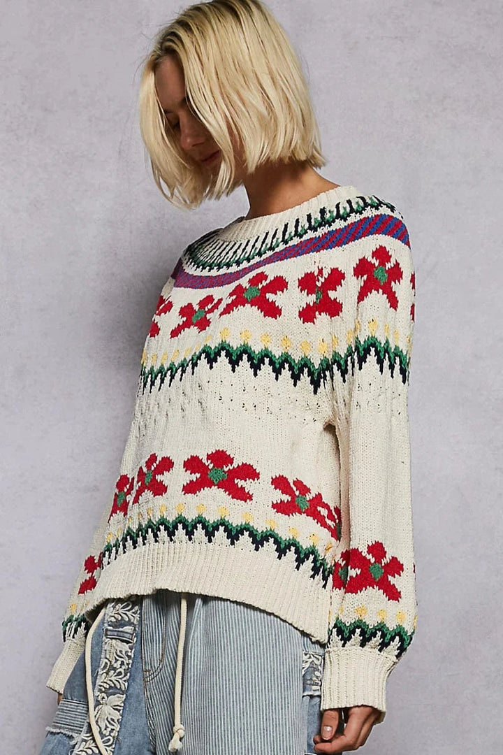 POL Clothing Multicolor Chenille Knit Floral Accent Sweater