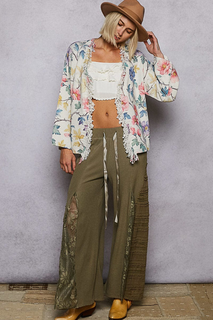 POL Clothing Multicolor Printed Floral Open Front Knit Cardigan