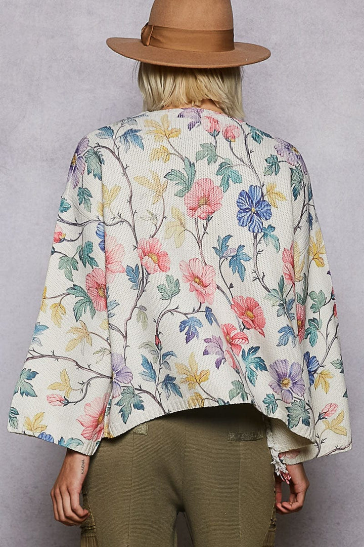 POL Clothing Multicolor Printed Floral Open Front Knit Cardigan