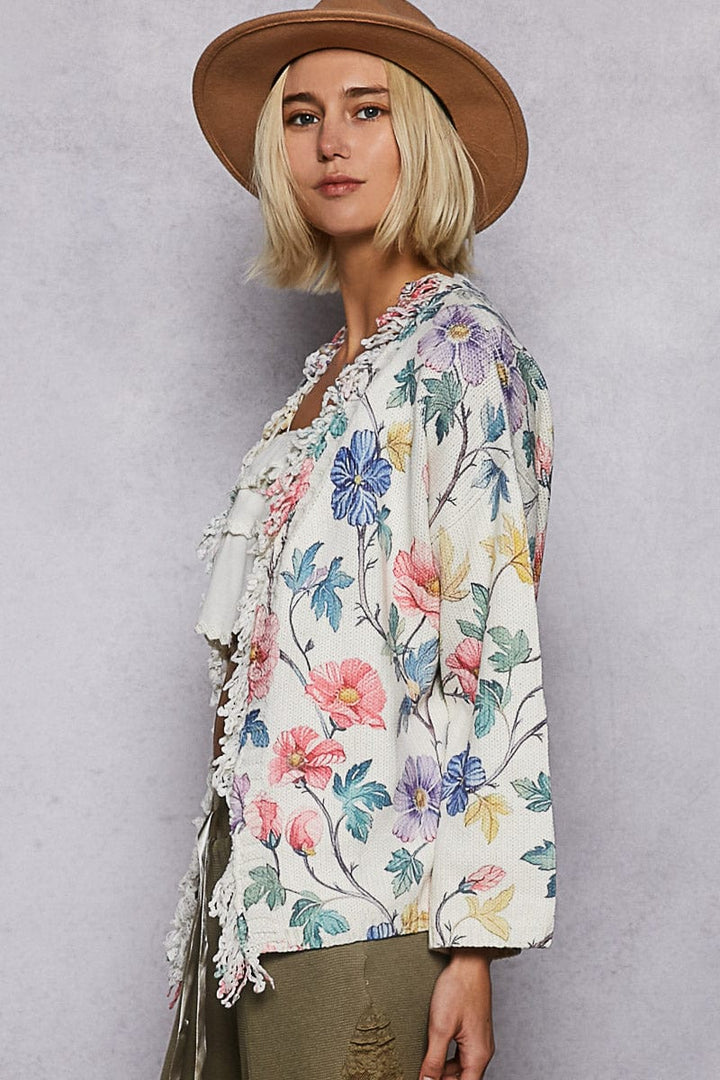 POL Clothing Multicolor Printed Floral Open Front Knit Cardigan