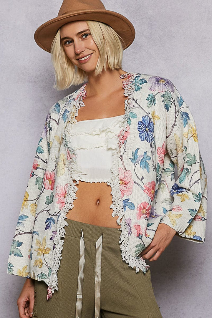 POL Clothing Multicolor Printed Floral Open Front Knit Cardigan