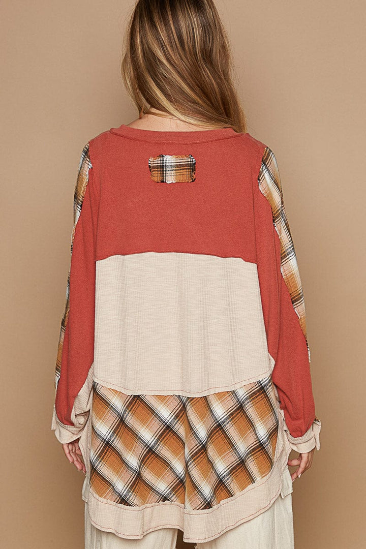 POL Clothing Plaid Knit Mix Henley Neck Relaxed Fit Long Sleeve Top