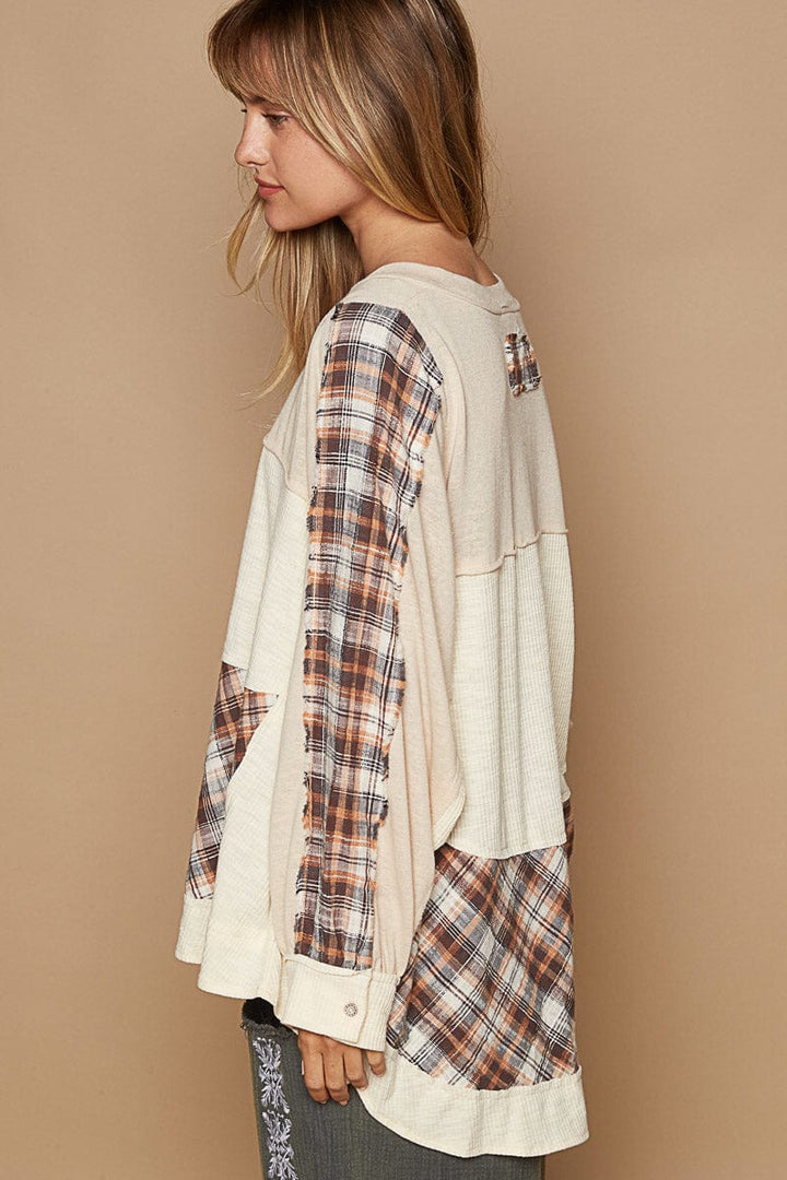 POL Clothing Plaid Knit Mix Henley Neck Relaxed Fit Long Sleeve Top