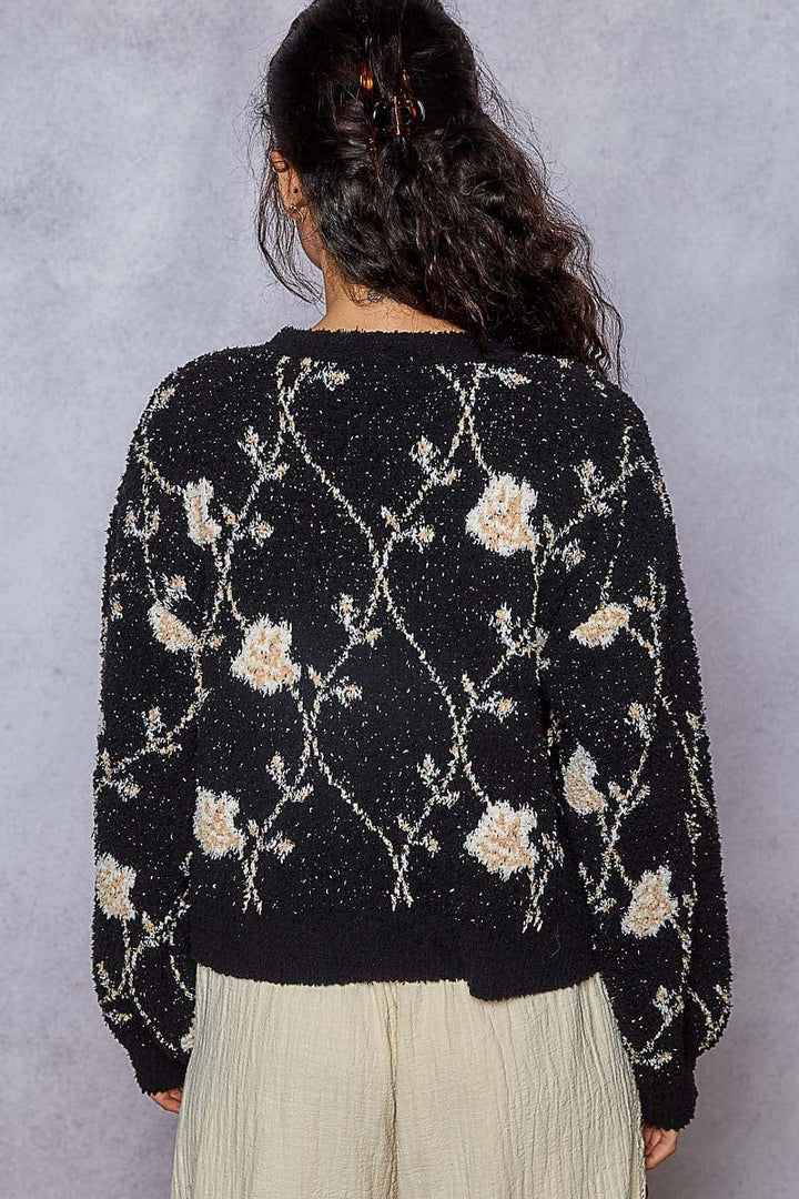 POL Clothing Pointed Floral Pattern Berber Button Up Sweater Cardigan