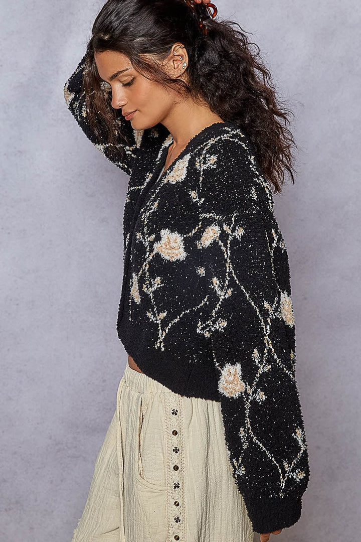 POL Clothing Pointed Floral Pattern Berber Button Up Sweater Cardigan