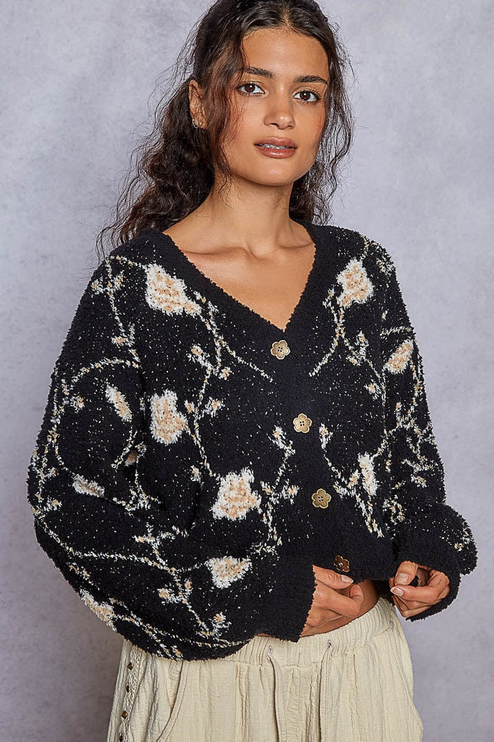 POL Clothing Pointed Floral Pattern Berber Button Up Sweater Cardigan