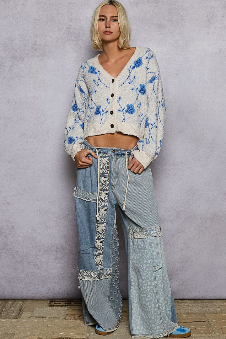 POL Clothing Pointed Floral Pattern Berber Button Up Sweater Cardigan