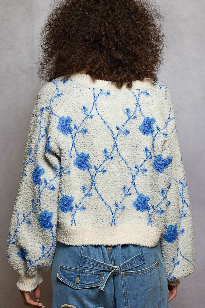POL Clothing Pointed Floral Pattern Berber Button Up Sweater Cardigan
