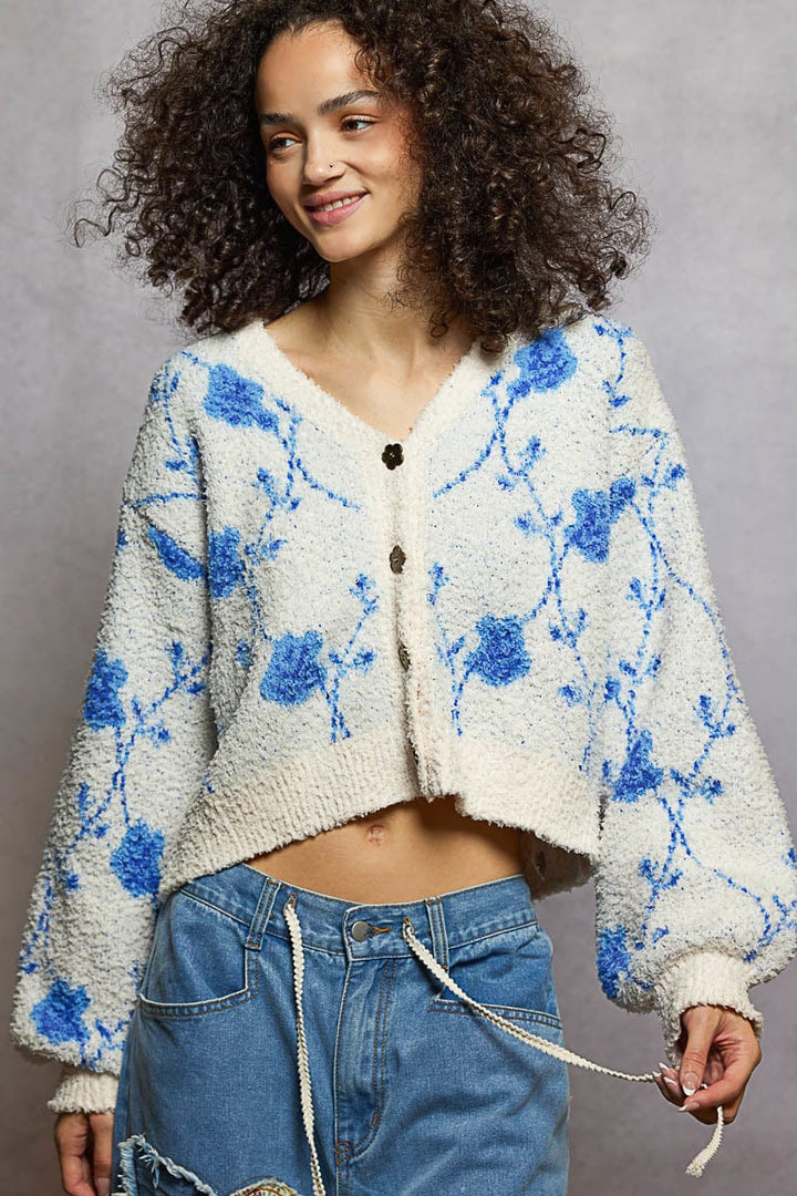 POL Clothing Pointed Floral Pattern Berber Button Up Sweater Cardigan