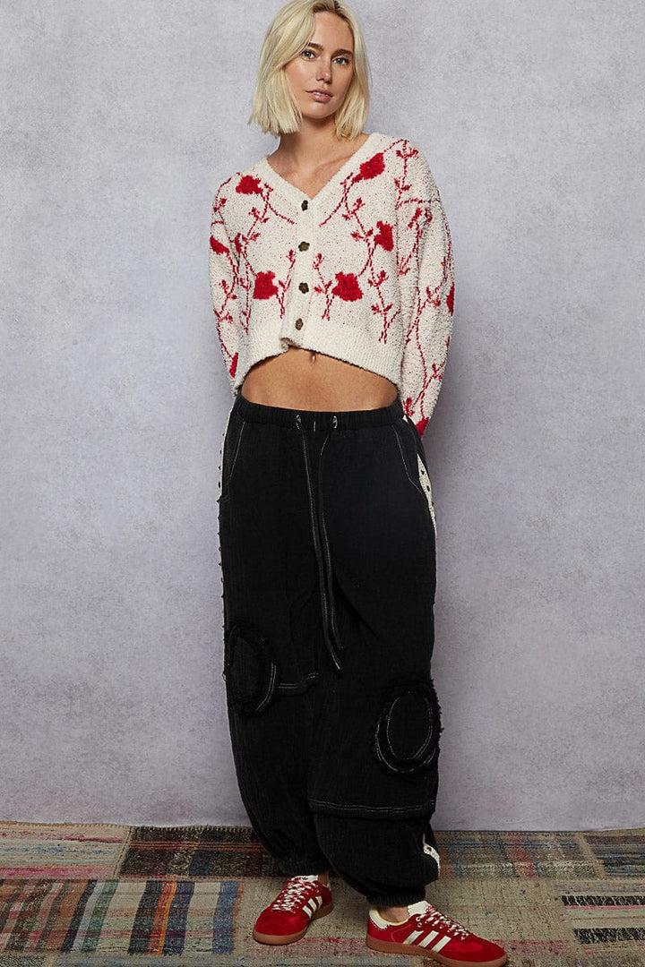 POL Clothing Pointed Floral Pattern Berber Button Up Sweater Cardigan