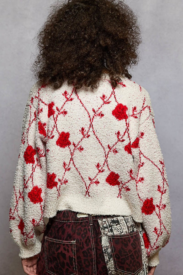 POL Clothing Pointed Floral Pattern Berber Button Up Sweater Cardigan