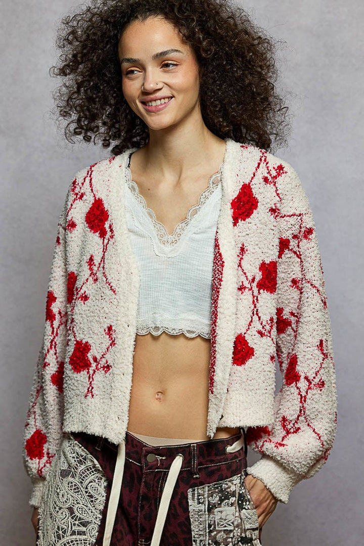 POL Clothing Pointed Floral Pattern Berber Button Up Sweater Cardigan