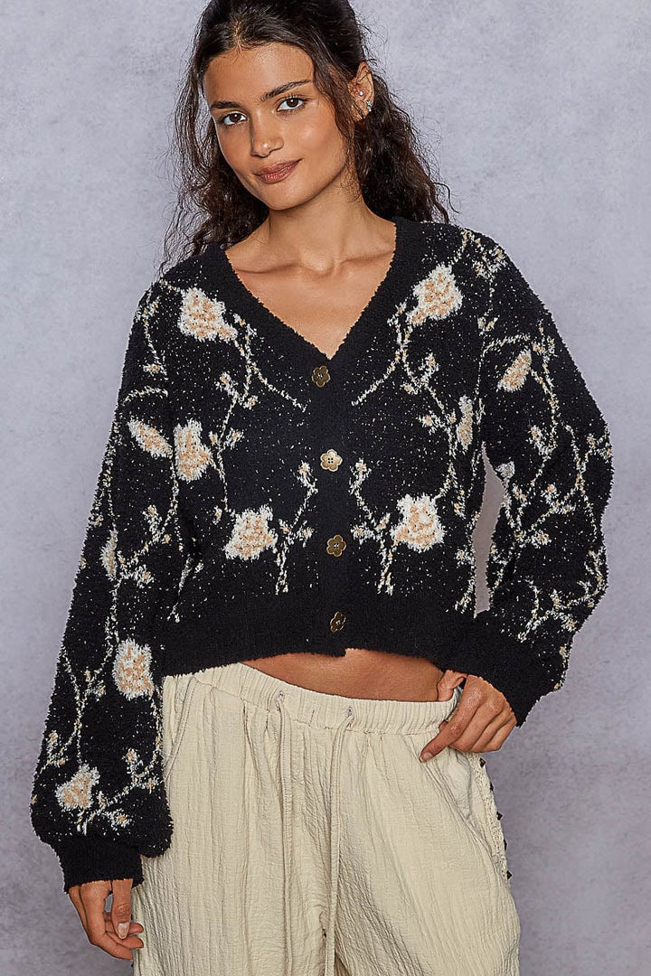 POL Clothing Pointed Floral Pattern Berber Button Up Sweater Cardigan