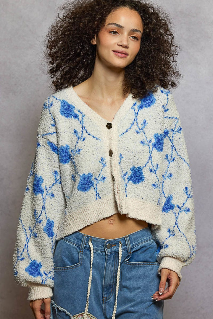 POL Clothing Pointed Floral Pattern Berber Button Up Sweater Cardigan