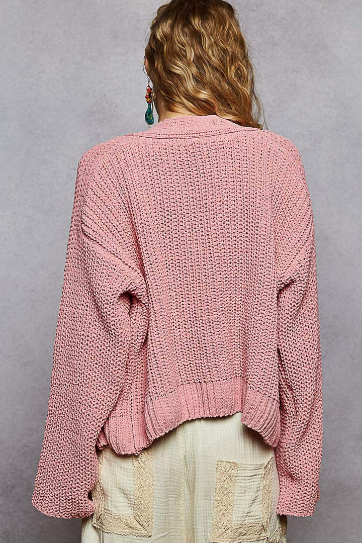 POL Clothing Regular Fit Chenille Cardigan with Knit Flower Buttons