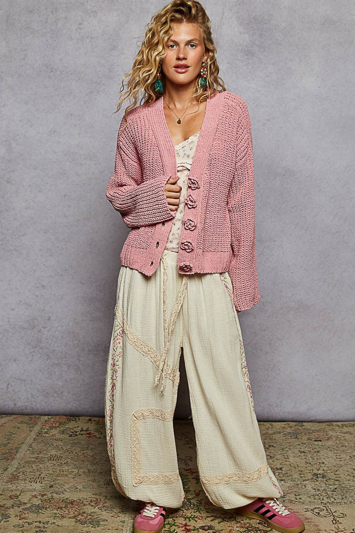 POL Clothing Regular Fit Chenille Cardigan with Knit Flower Buttons