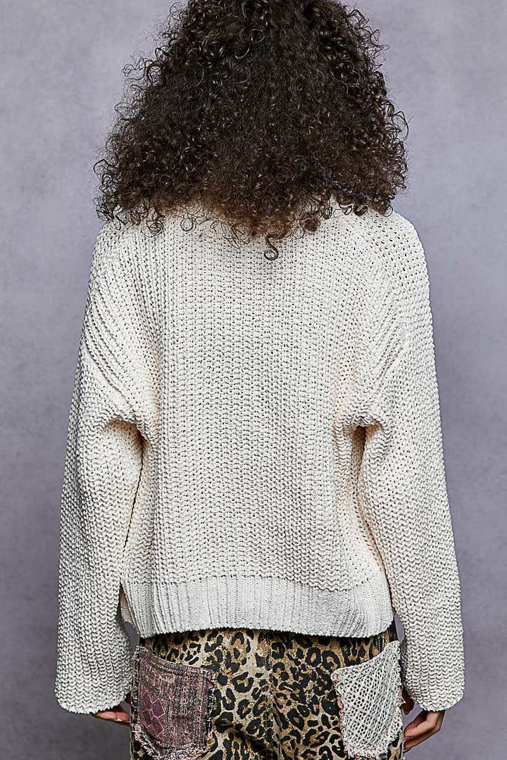 POL Clothing Regular Fit Chenille Cardigan with Knit Flower Buttons