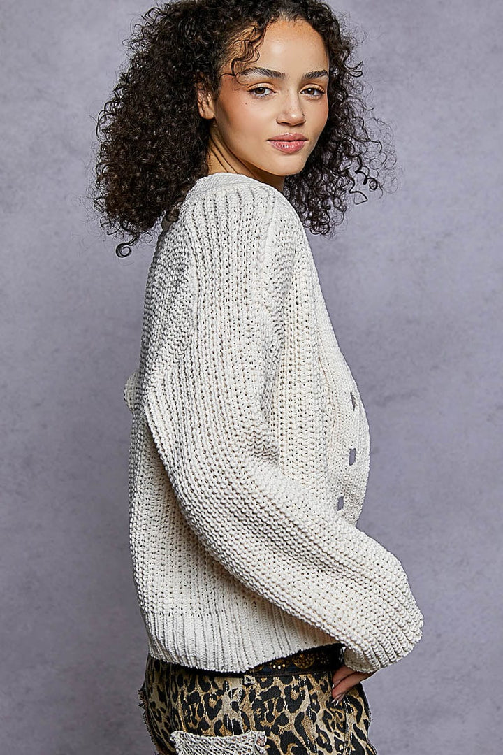 POL Clothing Regular Fit Chenille Cardigan with Knit Flower Buttons