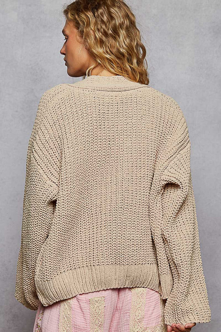 POL Clothing Regular Fit Chenille Cardigan with Knit Flower Buttons