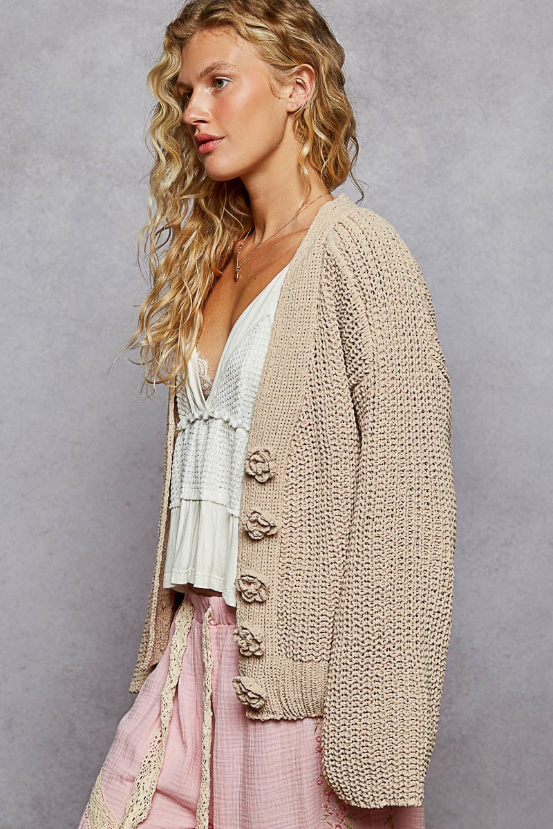 POL Clothing Regular Fit Chenille Cardigan with Knit Flower