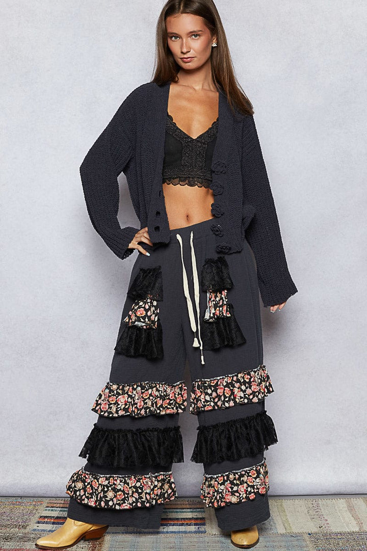 POL Clothing Regular Fit Chenille Cardigan with Knit Flower Buttons
