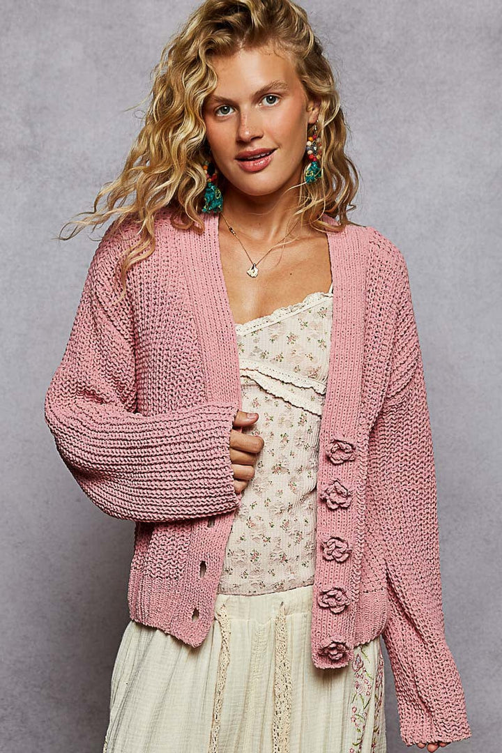 POL Clothing Regular Fit Chenille Cardigan with Knit Flower Buttons