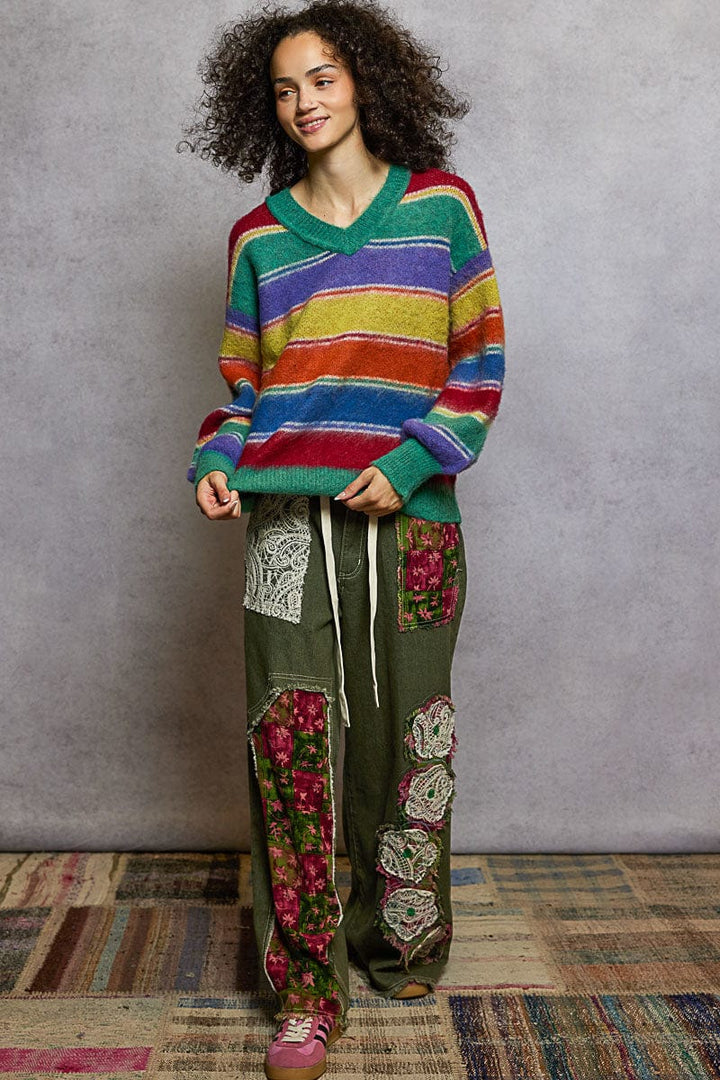 POL Clothing Relaxed Fit Colorful Striped V-Neck Sweater