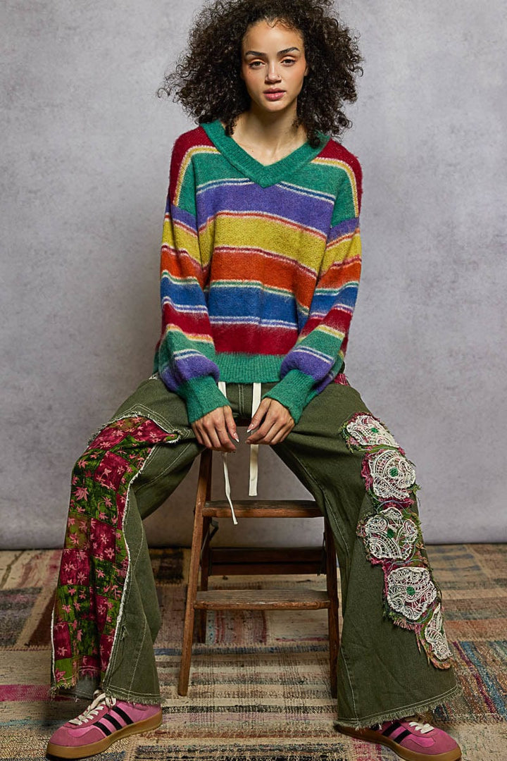 POL Clothing Relaxed Fit Colorful Striped V-Neck Sweater