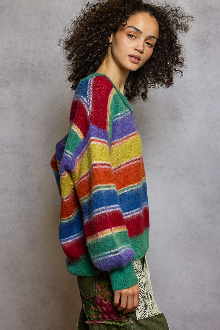 POL Clothing Relaxed Fit Colorful Striped V-Neck Sweater