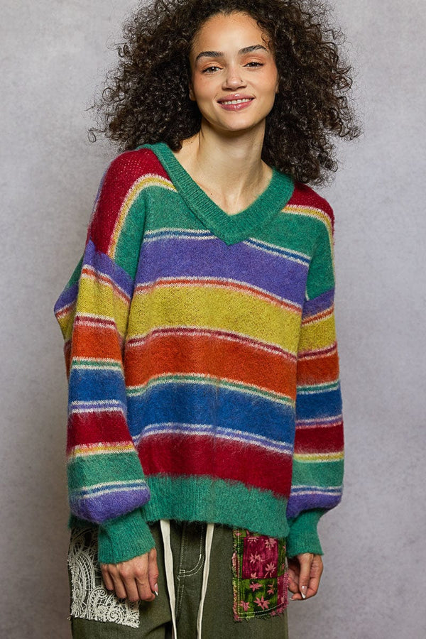 POL Clothing Relaxed Fit Colorful Striped V-Neck Sweater