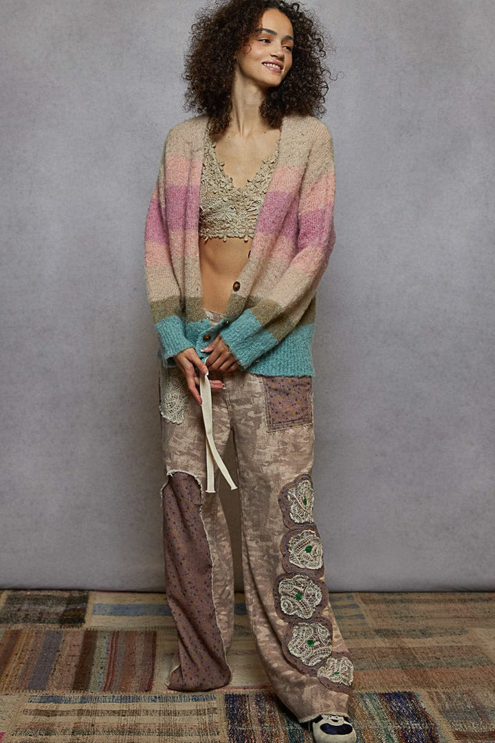 POL Clothing Relaxed Fit Multicolor Stripe Mohair Button Up Cardigan