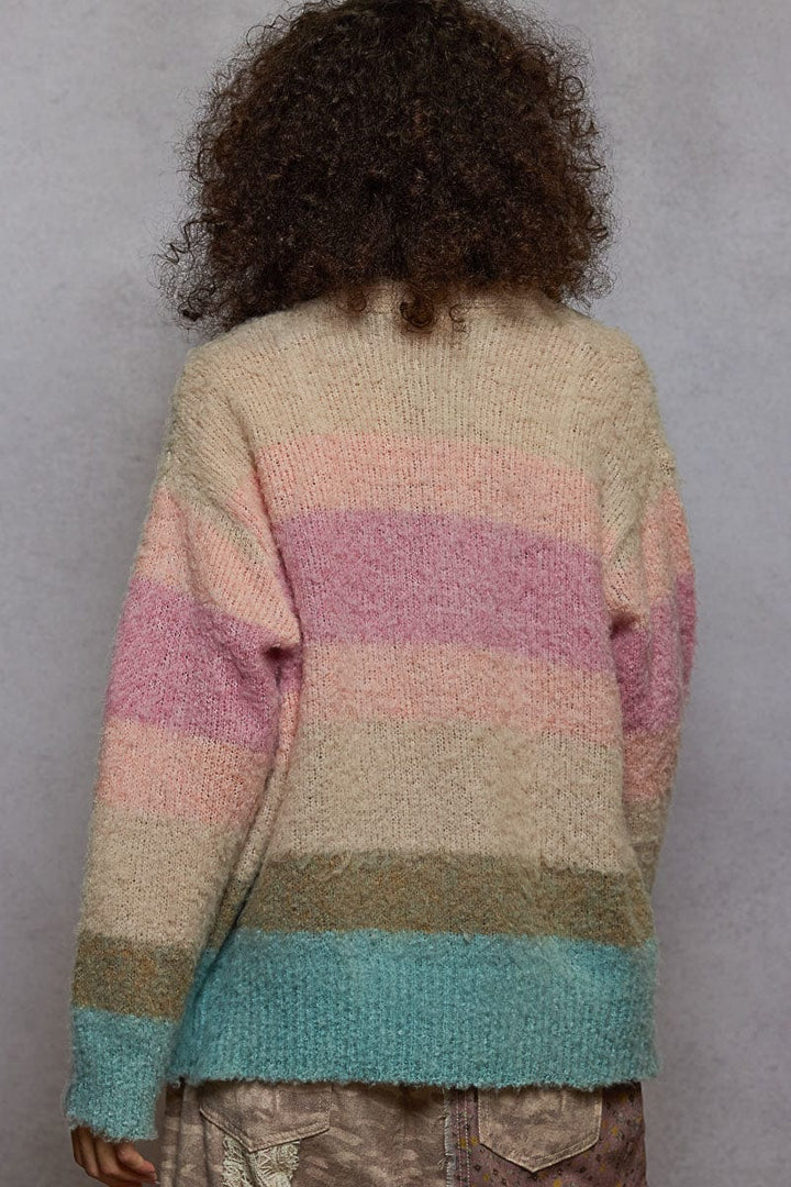 POL Clothing Relaxed Fit Multicolor Stripe Mohair Button Up Cardigan