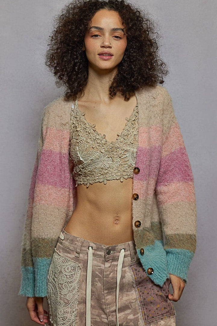 POL Clothing Relaxed Fit Multicolor Stripe Mohair Button Up Cardigan