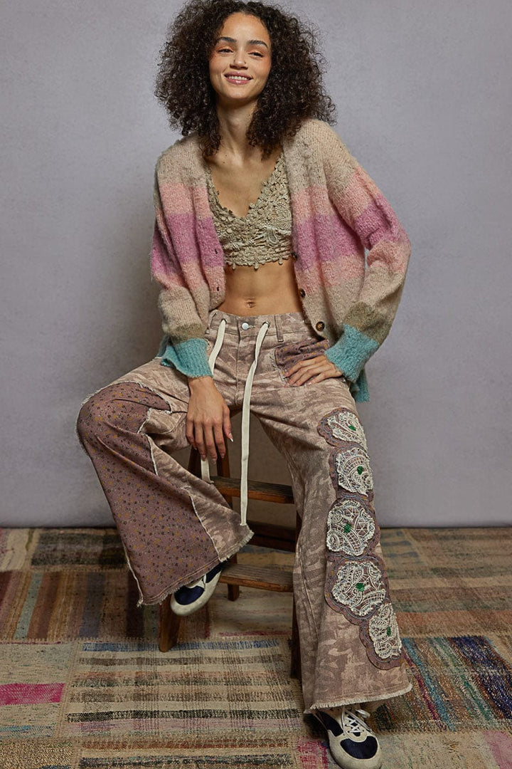 POL Clothing Relaxed Fit Multicolor Stripe Mohair Button Up Cardigan