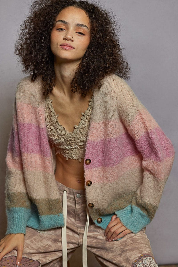 POL Clothing Relaxed Fit Multicolor Stripe Mohair Button Up Cardigan