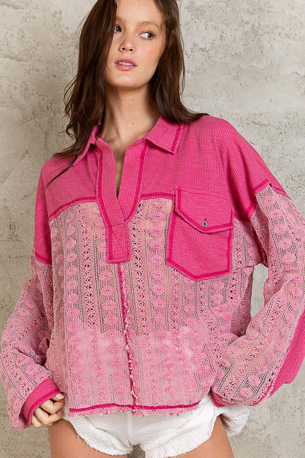 POL Clothing  Rib And Lace Mix Relaxed Fit Shirt
