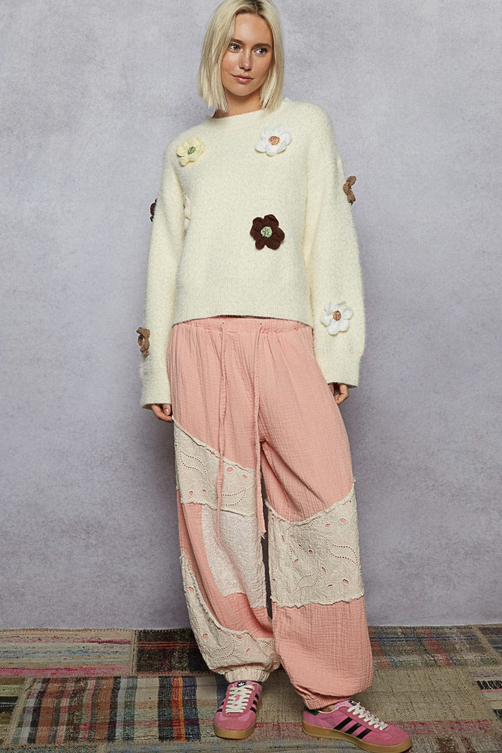 POL Clothing Roomy Fit Fuzzy Mohair Sweater with 3D Flower Patches