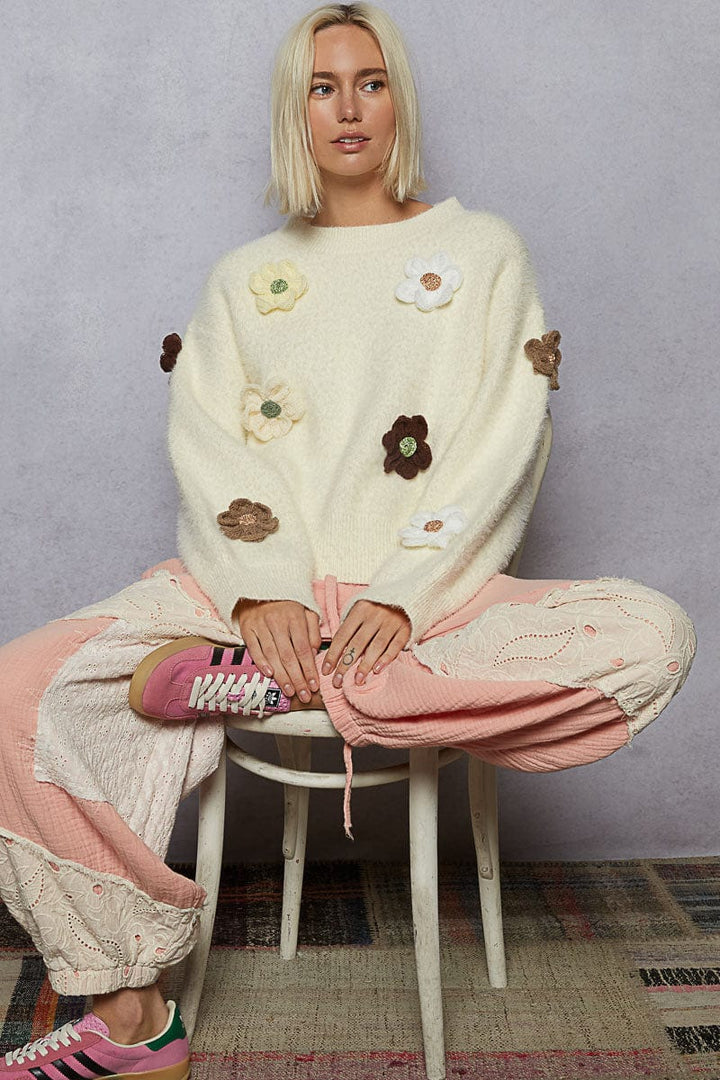 POL Clothing Roomy Fit Fuzzy Mohair Sweater with 3D Flower Patches