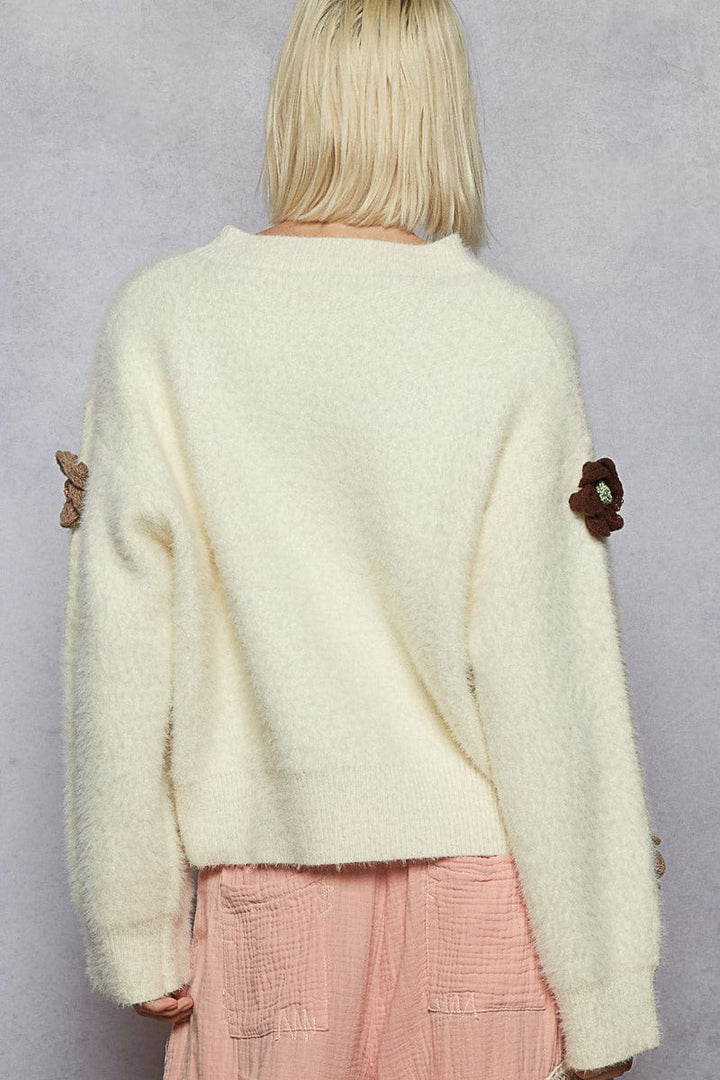 POL Clothing Roomy Fit Fuzzy Mohair Sweater with 3D Flower Patches