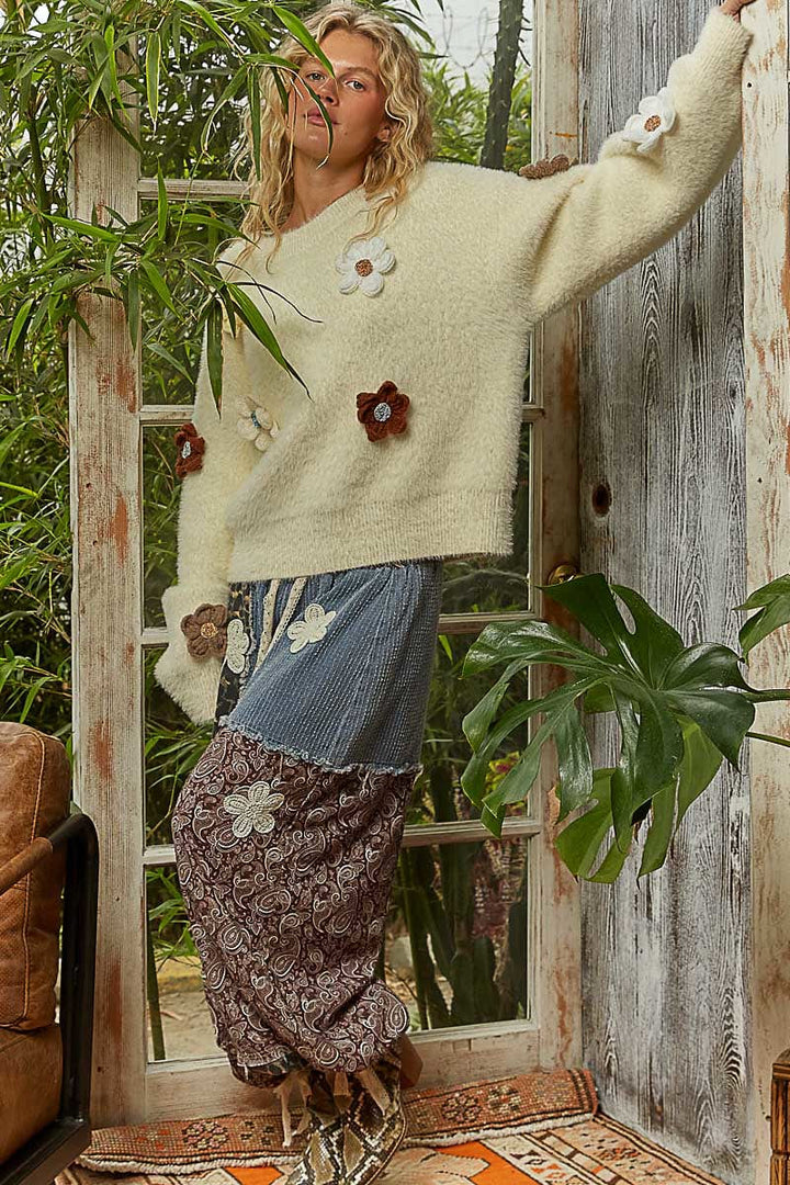 POL Clothing Roomy Fit Fuzzy Mohair Sweater with 3D Flower Patches